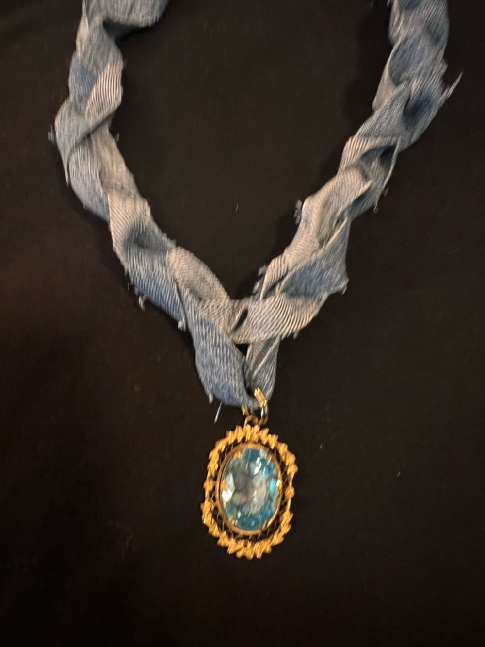 Denim Ribbon Necklace with Blue Glass Pendant hand made